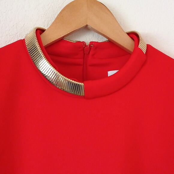 Calvin Klein Red Scuba Midi Dress With Gold Neck Detail - Picture 3 of 6